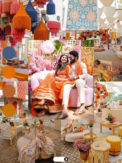 This Haldi celebration is bursting with vibrant oranges and pinks. Coordinating the decor with the couple's outfits creates a visually stunning and cohesive theme that is full of energy.