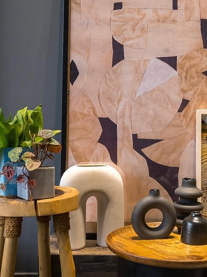 A close-up of the decor, highlighting the mix of materials and the interplay of different shapes and textures.