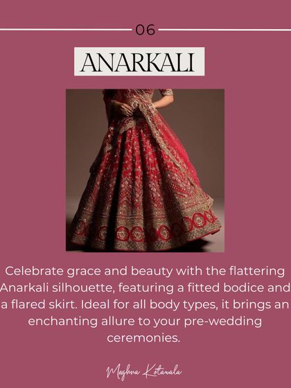 The Anarkali silhouette, with its fitted bodice and flared skirt, is a flattering choice for pre-wedding ceremonies. It brings an enchanting and graceful allure to any event.