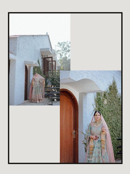 An artistic collage of the bride, capturing her from different angles and showcasing the beautiful details of her pastel lehenga and veil.