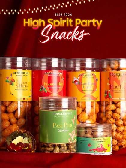 The savoury snacks from the High Spirit Party combo. This collection includes five of my most popular bites, like Pani Puri Cashews and Peri Peri Makhana, perfect for pairing with drinks.