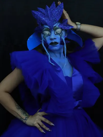 An avant-garde fantasy look, created using airbrushing and custom-made prosthetics. This is where makeup becomes high art.