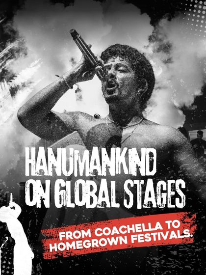 A graphic celebrating Hanumankind's journey from global stages back to a homegrown tour. We build artist narratives that highlight their career milestones and create a sense of pride among fans.