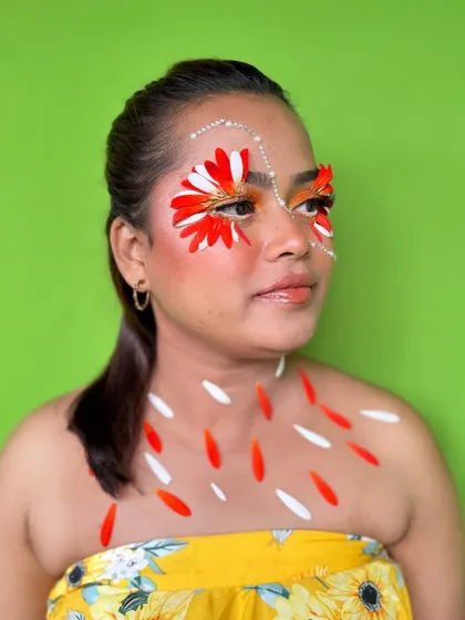 Another angle of the creative floral makeup, showcasing the artistry and imagination of our talented student, Nikita.