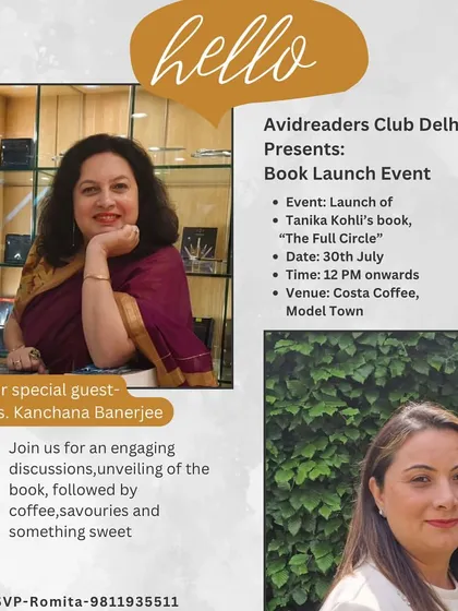 The book launch announcement for UK-based author Tanika Kohli's "The Full Circle," featuring her mentor Kanchana Banerjee as a special guest.