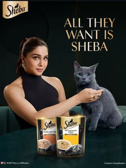A sophisticated campaign image for Sheba cat food featuring Sharvari. The challenge here was to create a luxurious feel while ensuring both the celebrity and the cat were perfectly composed.