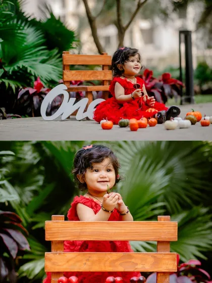 A collage of a baby girl's first birthday portraits. I provide a variety of shots, from wider angles showing the setup to close-ups of her sweet expressions.