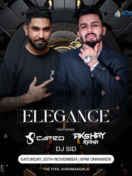 A poster for "Elegance" Saturday night at The Fixx, featuring a great lineup of DJs for a night of Bollywood and Punjabi music.