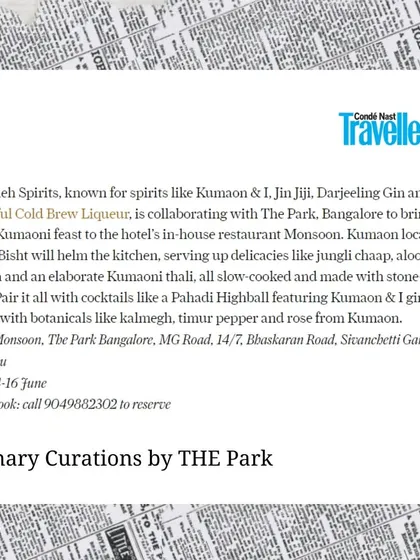 A snippet from the Condé Nast Traveller article detailing the collaboration with Himmaleh Spirits and the unique botanicals used in the cocktails.