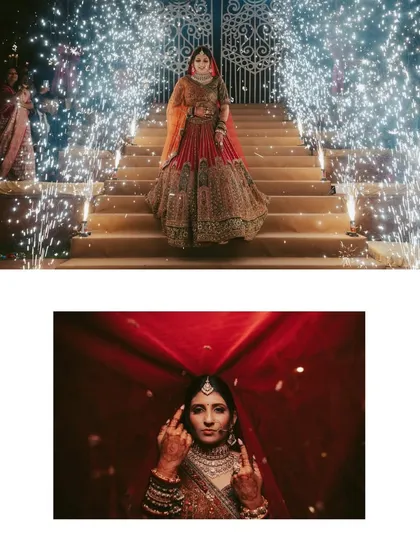 A collage capturing the bride's bold personality and her stunning entrance, a perfect blend of tradition and modern flair that we love to document.