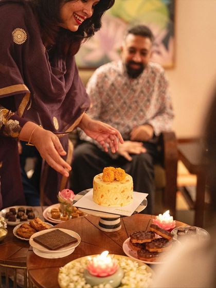 Our showstopper Diwali cake, featuring layers of chocolate, orange, and marigold. It was a joy to create a cake that looks so distinctly Indian and tastes absolutely divine.