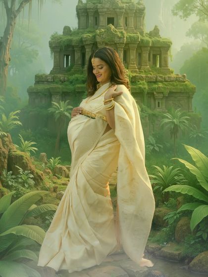 A divine moment captured in a surreal, jungle temple setting. The mother-to-be glows in a simple cream saree, creating a beautiful contrast with the lush green surroundings.