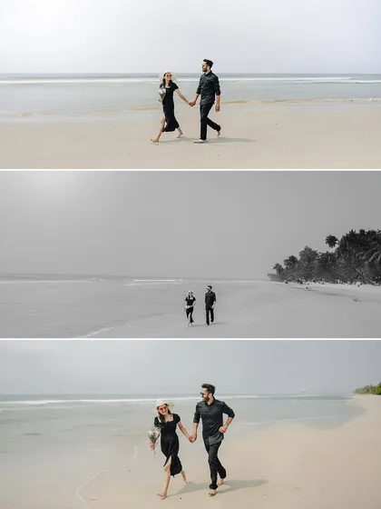 A collage showing the couple's walk along the beach from different perspectives, including a dramatic black and white version that emphasizes the vastness of the landscape.