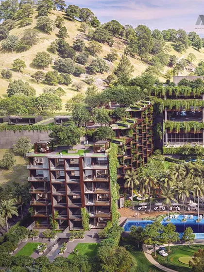 An aerial view of the Westin Nashik, showing the hotel integrated into the rolling hills. The design is a testament to how luxury hospitality can coexist beautifully with nature.