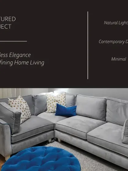 A featured project graphic highlighting our focus on timeless elegance, natural lighting, and contemporary, minimal design in home living.