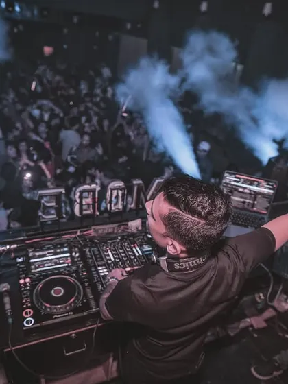 From behind the decks at MOBE, with CO2 jets blasting and the crowd going wild.