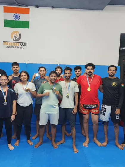 This is the result of hard work and team spirit. Our champions returning from the Muay Thai State Championship, showcasing their medals and the success of our academy's training.