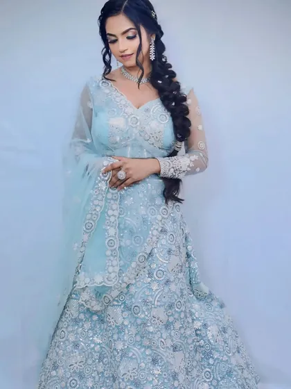 A full view of this lovely light blue lehenga, perfect for a bridesmaid or wedding guest.