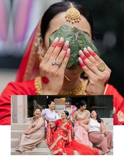 A collage showcasing the bride and her moments during a traditional Bengali wedding ceremony in Thailand. The image of her peeking through betel leaves is an iconic part of the ritual.