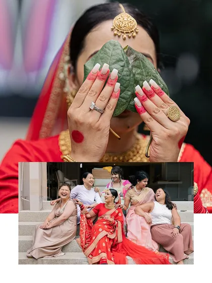 A collage of moments from a traditional Bengali wedding, including the 'shubho drishti' ritual where the bride covers her face with betel leaves.