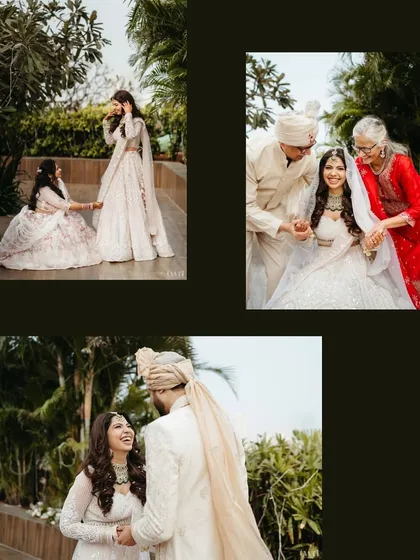A collage of beautiful, candid family moments. The bride with her sister, getting blessings from her parents, and sharing a laugh with her groom. These are the memories that matter most.