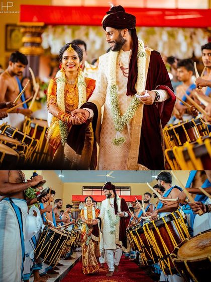 The couple's grand procession, accompanied by the energetic beats of Chenda Melam drummers.