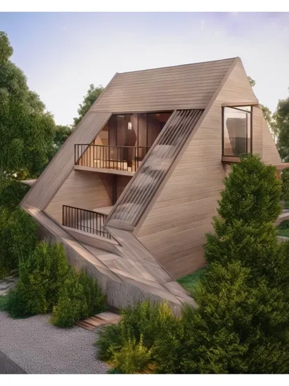 A concept render for our Suwakholi Getaways project, featuring modern, angular cabins nestled into a hillside. The design aims to create a private retreat that offers stunning views and a deep connection to nature.