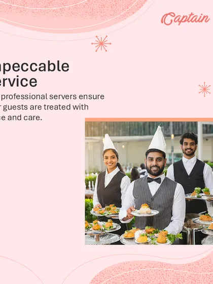 My professional servers ensure your guests are treated with grace and care. This image of my impeccably dressed and smiling staff showcases the high standard of service you can expect at your wedding.