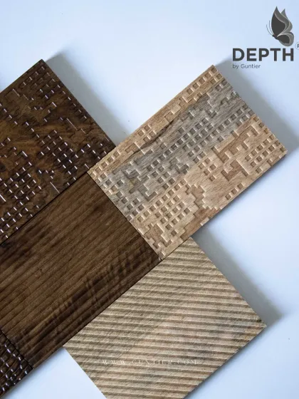 Another look at our diverse range of textured veneers, featuring geometric and linear patterns that can be used for wardrobe shutters, wall panels, and custom furniture.