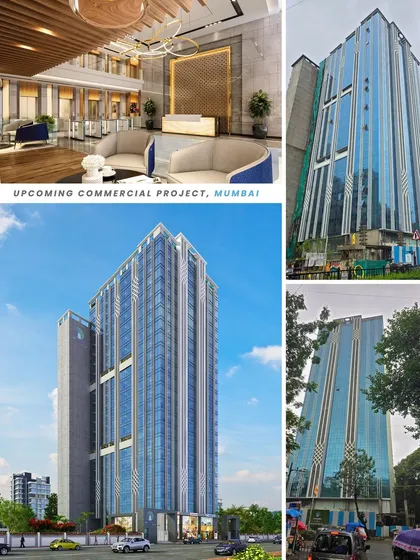 A collage showing renders and construction progress for ONE WORLD in Malad. It highlights the lobby interior concept alongside the rising structure of this high-tech commercial project.
