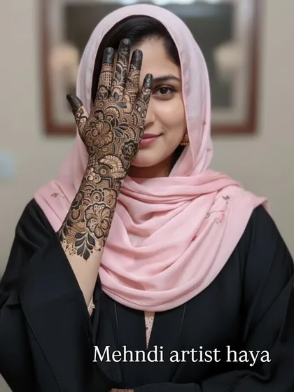 The same beautiful bridal design on my hand, shown with a different background. The dark stain is the result of using high-quality, natural henna paste.