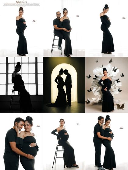 This collage captures the full story of a modern, chic maternity session. It includes solo portraits, couple silhouettes, and creative setups, all tied together by the elegant black dress theme.