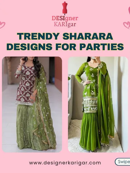 A look at trendy sharara designs perfect for parties. This image features two green sharara sets, one with intricate brown embroidery and another with gold detailing.