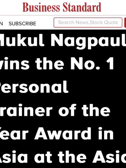 A collection of screenshots from Hindustan Times and Business Standard covering my win as the No. 1 Personal Trainer of the Year in Asia. I am grateful for the media coverage and the opportunity to highlight the importance of fitness professionals.