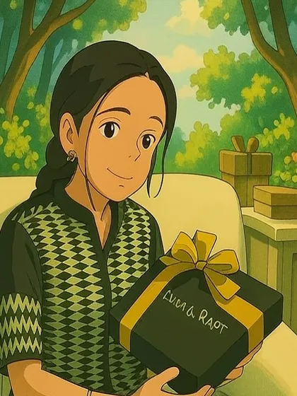 Another beautiful Ghibli-inspired illustration, this time showing a character happily receiving a signature 'Lush & Rapt' gift box, blending my brand with a beloved aesthetic.