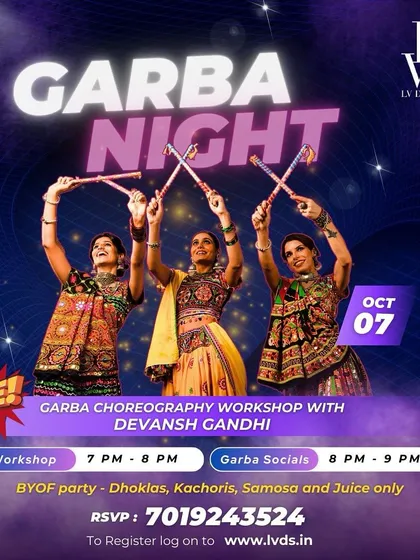 We love celebrating with our community. This is a promotional graphic for a free Garba workshop we hosted, inviting everyone to join in the festive fun and learn a new dance style with us.