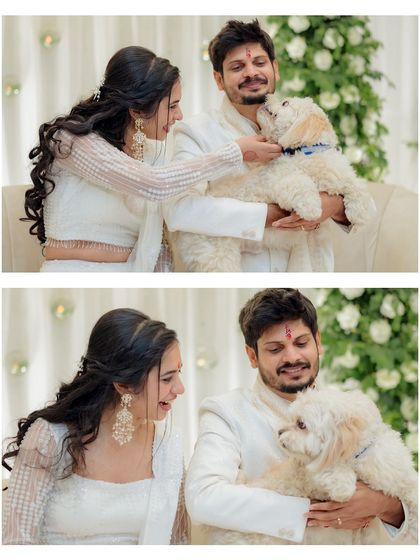 Even the furry family members get to be part of the celebration! A heartwarming moment with the couple and their adorable dog.