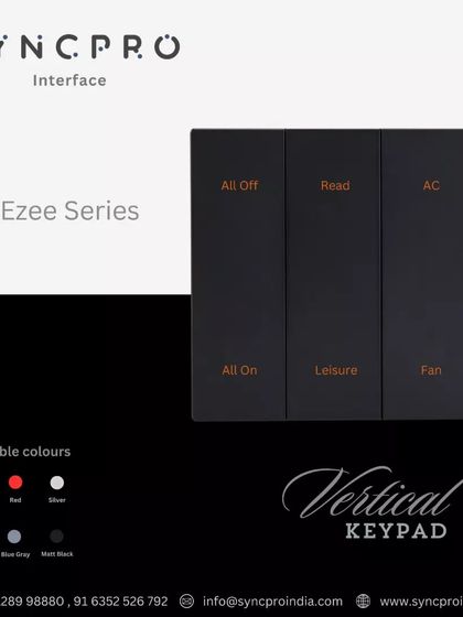 The Ezee Series vertical keypad in matt black adds a touch of class to any space. This 6-button panel is configured for common room scenes like 'Read', 'Leisure', and master controls for AC and fans.