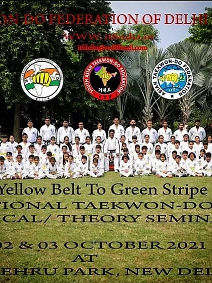 A group photo from our National Taekwon-do ITF Technical and Theory Seminar held outdoors at Nehru Park. We believe in varied training environments to build adaptable and resilient martial artists.