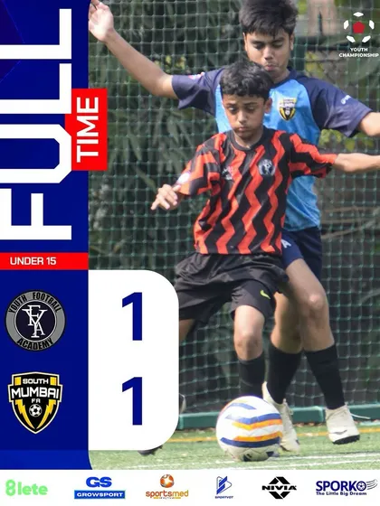 The final score from our hard-fought U15 match in the Youth Championship, ending in a 1-1 draw against South Mumbai.
