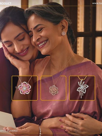 An emotional shot for a Tanishq diamond campaign, capturing a tender moment between a mother and daughter. The styling is simple and elegant, with soft-hued sarees that allow the delicate diamond pendant sets to be the main focus.