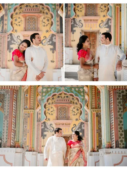 A collection of photos of Shiva and Nidhi at Patrika Gate, dressed in elegant South Indian attire, showing our versatility in catering to different cultural styles.