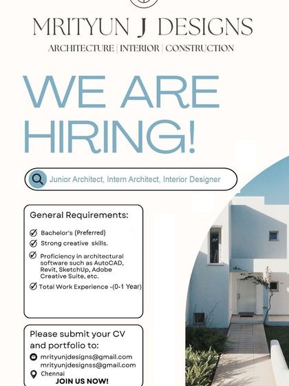 Mrityun J Designs in Chennai is hiring a Junior Architect with 0-1 year of experience, requiring proficiency in software like AutoCAD, Revit, and SketchUp.