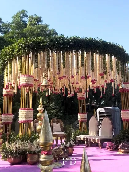 This lakeside mandap was a vision of heritage and handcrafted beauty. We used thousands of fresh tuberoses and lotuses, accented with traditional brass bells, to create a sacred space that felt both royal and serene.