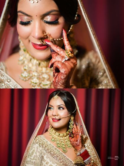 A collage of the bride's stunning details. Her coy smile, the close-up of her nath (nose ring), and her beautiful makeup are all highlighted.
