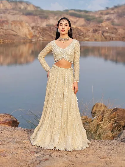 An elegant ivory lehenga with a long-sleeved embellished blouse, a sophisticated choice for a reception or engagement.