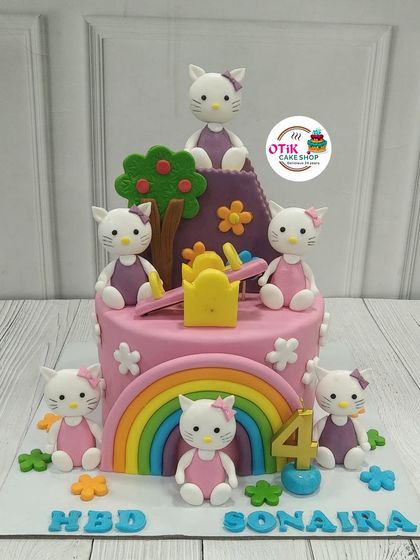 A closer look at our detailed Hello Kitty cake. Each fondant figure is carefully crafted to bring the beloved character and her world to life for a special birthday celebration.