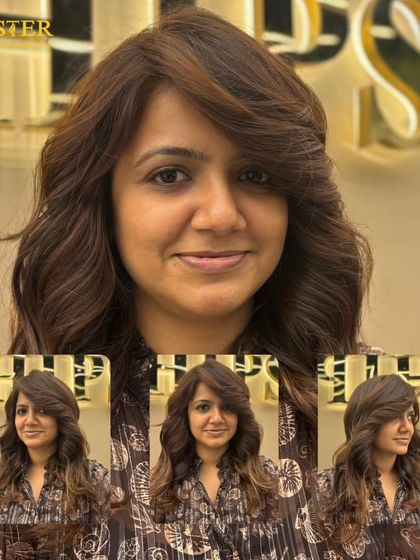 This collage shows a beautiful global color transformation. The rich brown shade gives the hair a healthy, uniform look, styled with soft waves for an elegant finish.