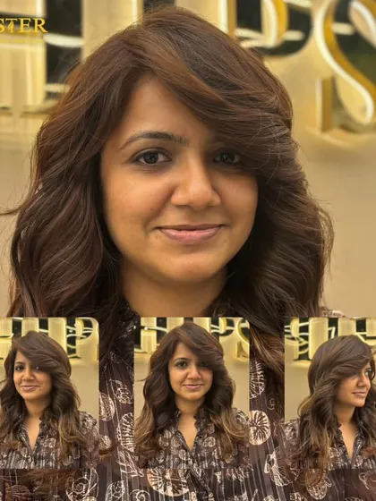 This collage showcases a client's hair color transformation, with rich tones and a beautiful, wavy style that radiates confidence.