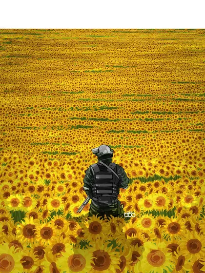 A lone soldier stands in an endless field of sunflowers. Seen from behind, his purpose is ambiguous. Is he a protector of this beauty, or a threat to it? The piece reflects on the meaning of power and the choices one makes.